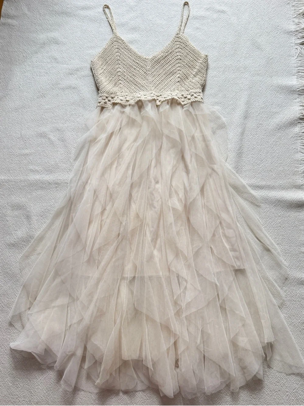 Chicwish Cream Tulle Waterfall Ruffles Crochet Dress S/M Festival Boho Summer - Picture 2 of 7